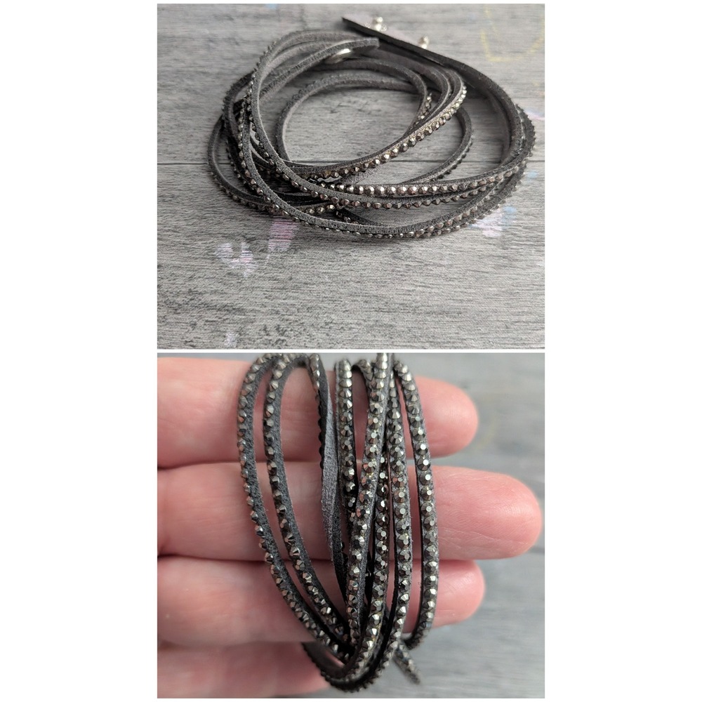 Slake Gray Alcantara Crystal Wrap Bracelet Adjustable Snap Closure